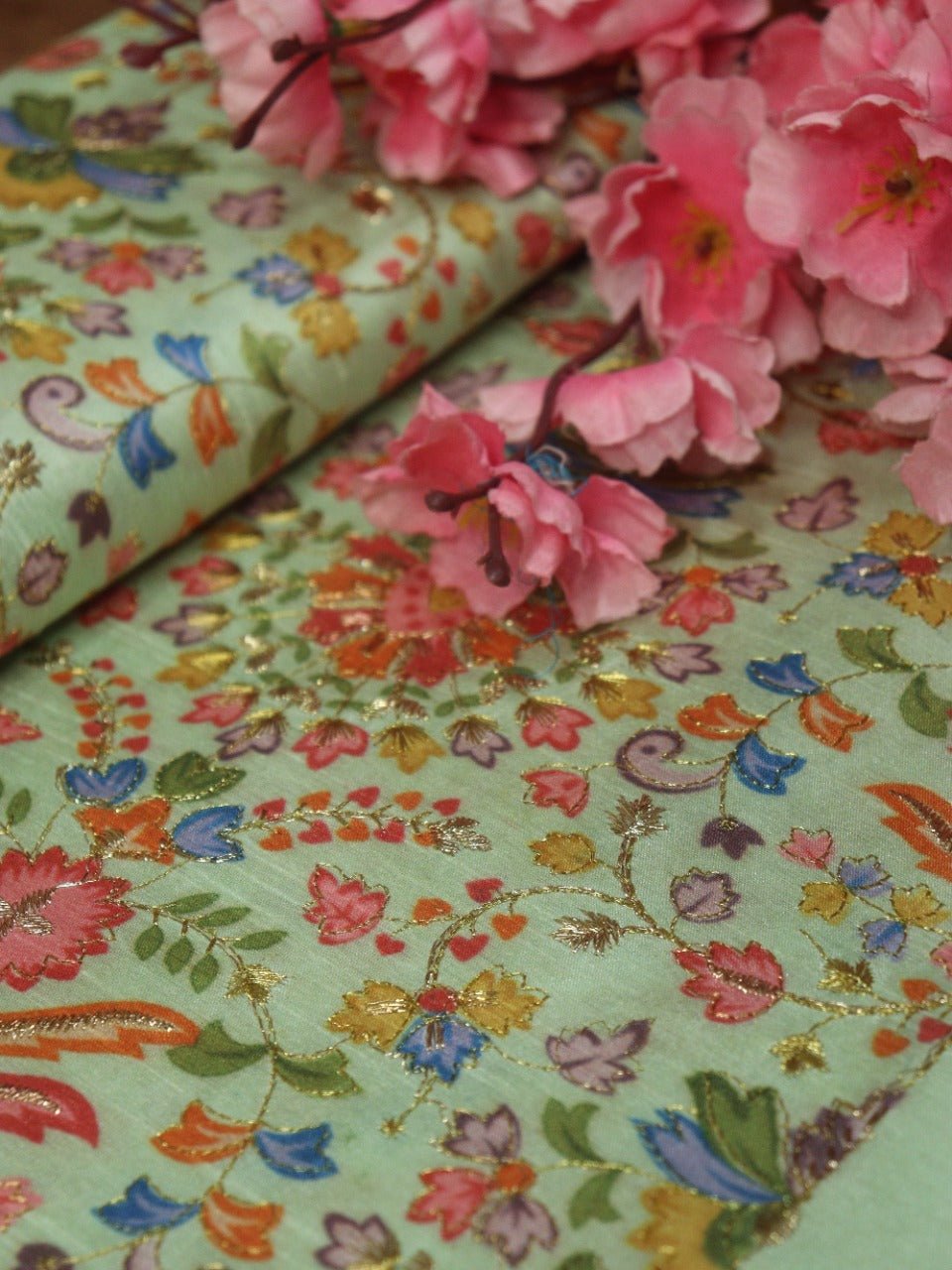 Green Trendy Chanderi Silk Printed Zari Work Fabric (1Mtr) - Luxurion World