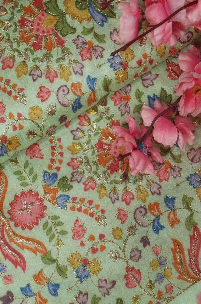 Green Trendy Chanderi Silk Printed Zari Work Fabric (1Mtr) - Luxurion World