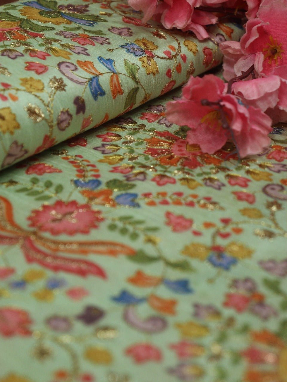Green Trendy Chanderi Silk Printed Zari Work Fabric (1Mtr) - Luxurion World