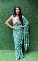 Green Trendy Foil Print Georgette Saree - Luxurion World