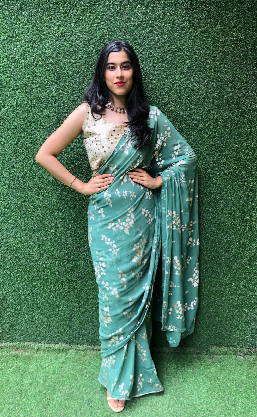 Green Trendy Foil Print Georgette Saree - Luxurion World