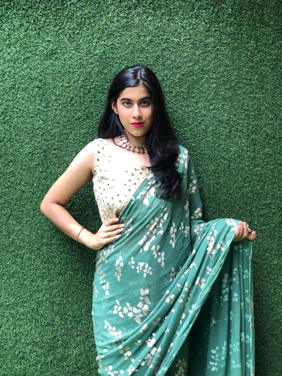 Green Trendy Foil Print Georgette Saree - Main Image