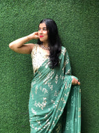 Green Trendy Foil Print Georgette Saree - Luxurion World