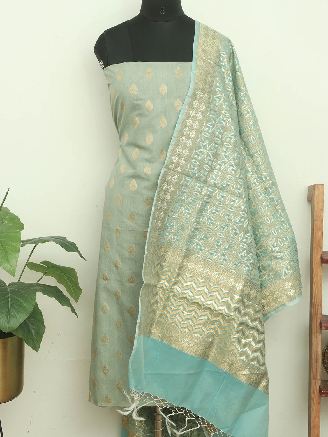 Greenish Grey Banarasi Chanderi Silk Three Piece Unstitched Suit Set - Luxurion World