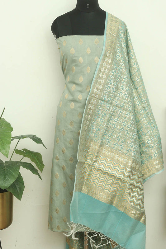 Greenish Grey Banarasi Chanderi Silk Three Piece Unstitched Suit Set