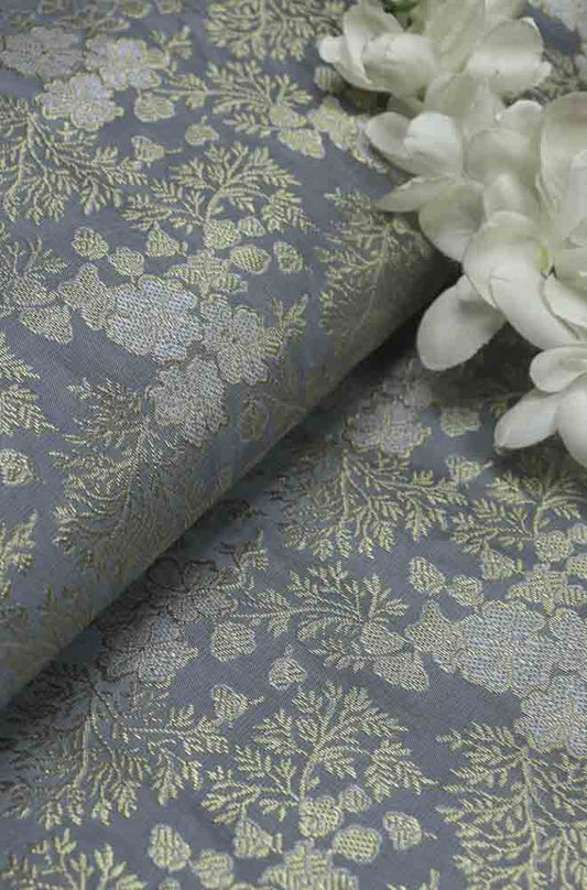 Grey Banarasi Brocade Silk Fabric ( 1 Mtr ) - Luxurion World