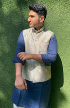 Grey Banarasi Brocade Silk Nehru Jacket - Luxurion World