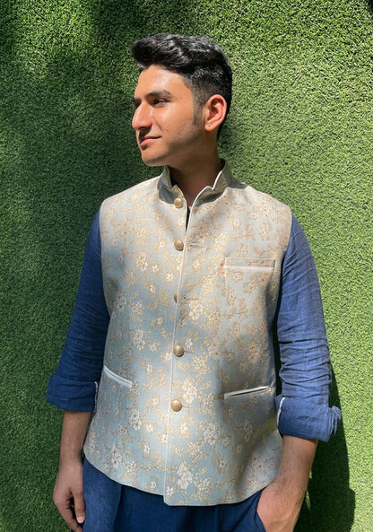 Grey Banarasi Brocade Silk Nehru Jacket Luxurionworld