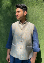 Grey Banarasi Brocade Silk Nehru Jacket - Luxurion World