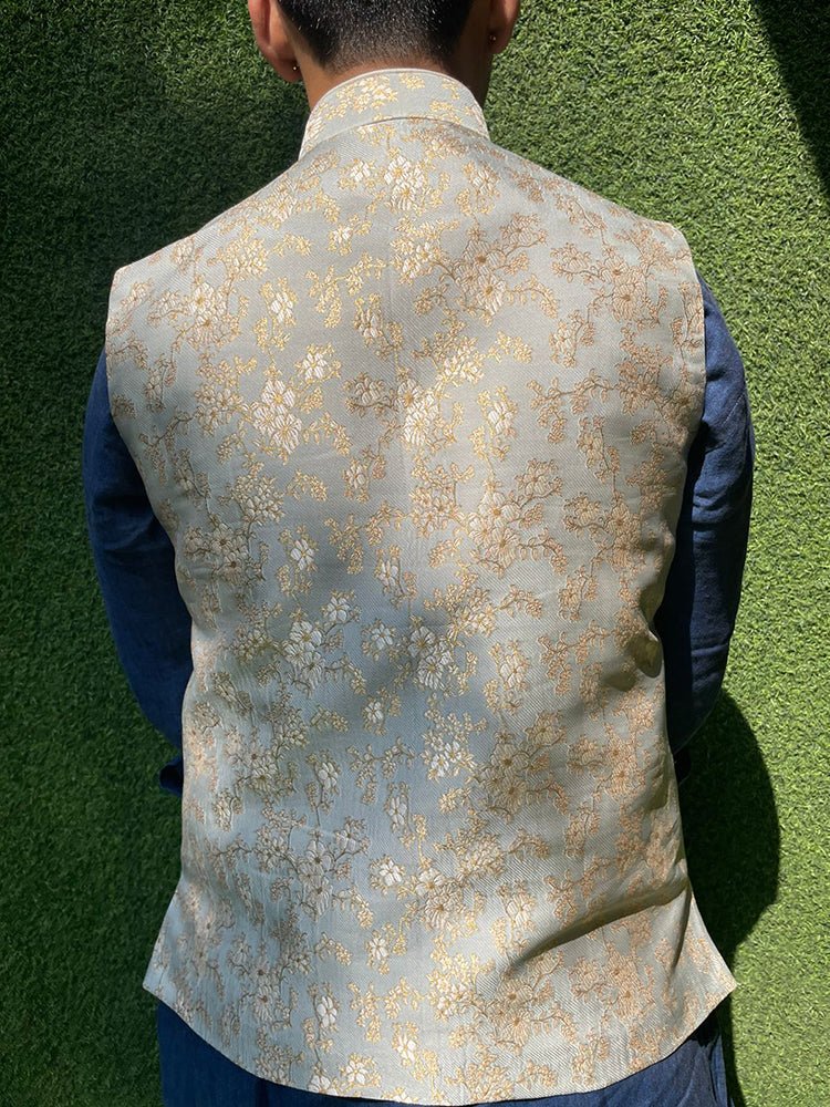 Grey Banarasi Brocade Silk Nehru Jacket - Luxurion World