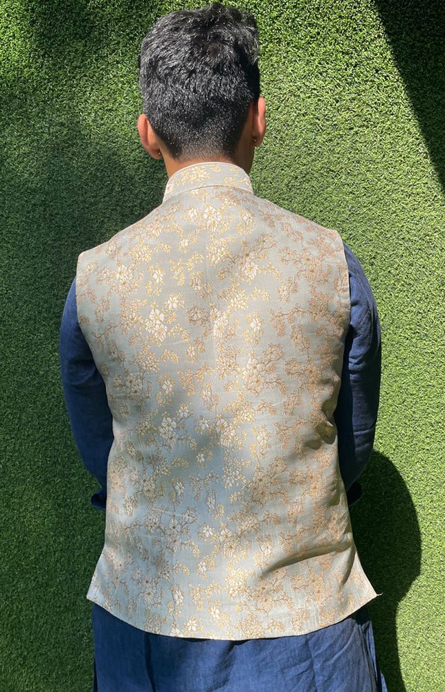 Grey Banarasi Brocade Silk Nehru Jacket - Luxurion World
