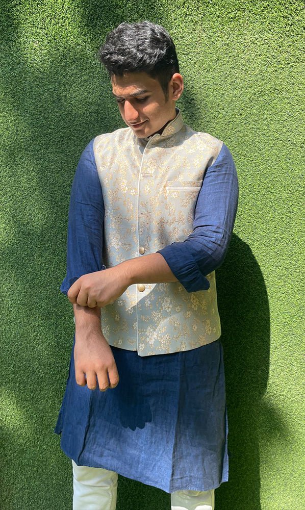 Grey Banarasi Brocade Silk Nehru Jacket - Luxurion World