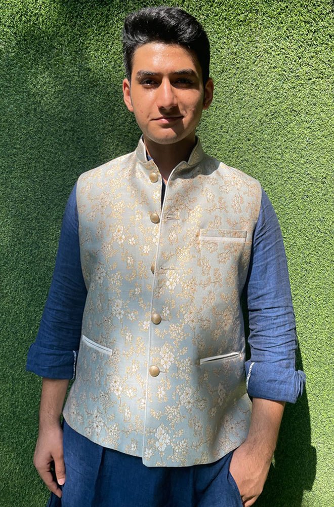 Grey Banarasi Brocade Silk Nehru Jacket Luxurionworld