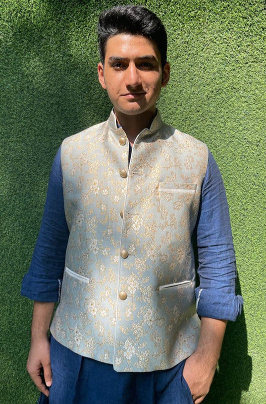 Grey Banarasi Brocade Silk Nehru Jacket - Luxurion World