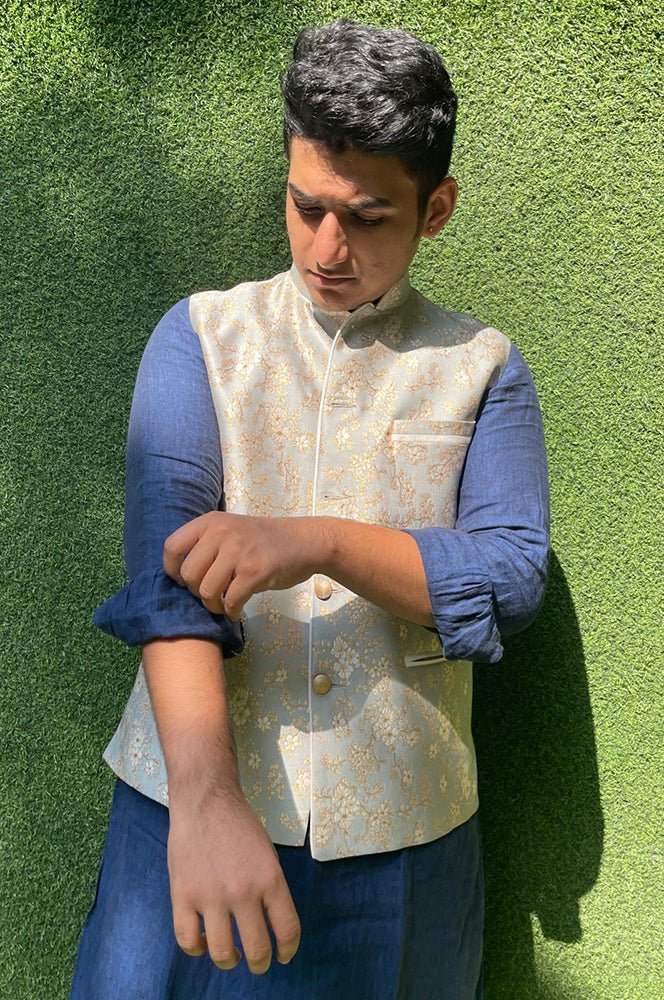Grey Banarasi Brocade Silk Nehru Jacket - Luxurion World