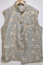 Grey Banarasi Brocade Silk Nehru Jacket - Luxurion World