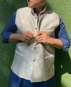 Grey Banarasi Brocade Silk Nehru Jacket - Luxurion World