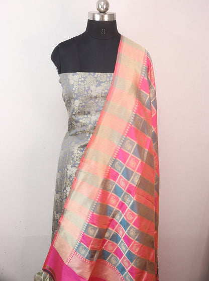 Grey Banarasi Brocade Silk Suit With Multicolor Handloom Banarasi Pure Katan Silk Dupatta - Luxurion World