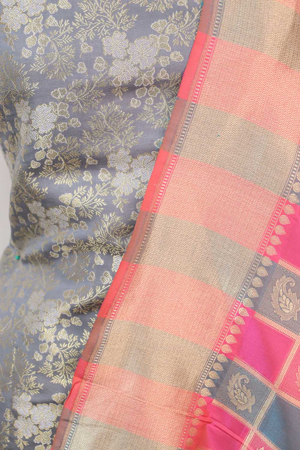 Grey Banarasi Brocade Silk Suit With Multicolor Handloom Banarasi Pure Katan Silk Dupatta - Luxurion World