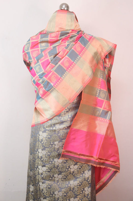 Grey Banarasi Brocade Silk Suit With Multicolor Handloom Banarasi Pure Katan Silk Dupatta - Luxurion World