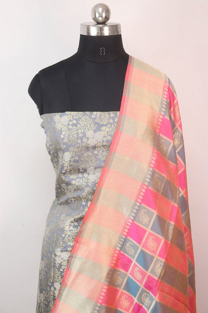 Grey Banarasi Brocade Silk Suit With Multicolor Handloom Banarasi Pure Katan Silk Dupatta - Luxurion World