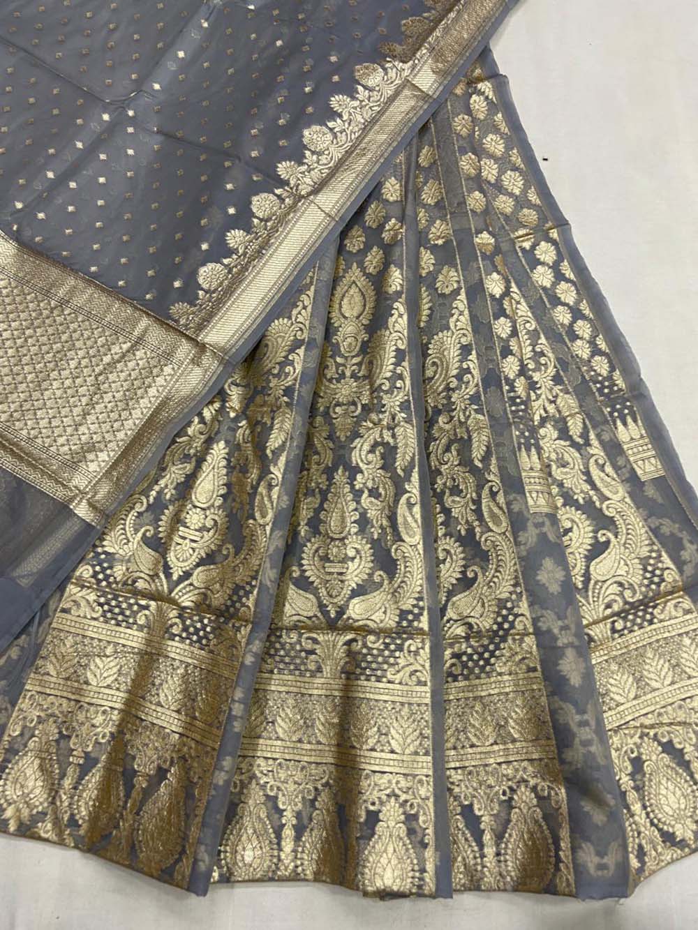 Grey Banarasi Chanderi Silk Unstitched Lehenga Set - Luxurion World