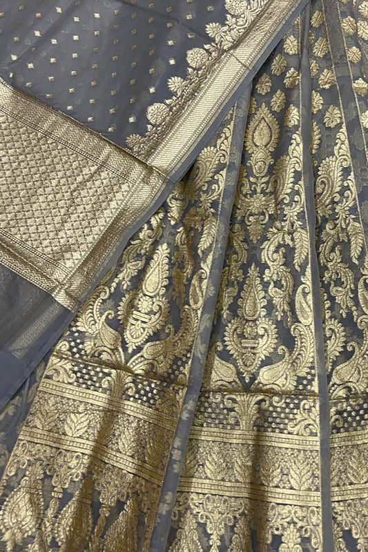 Grey Banarasi Chanderi Silk Unstitched Lehenga Set