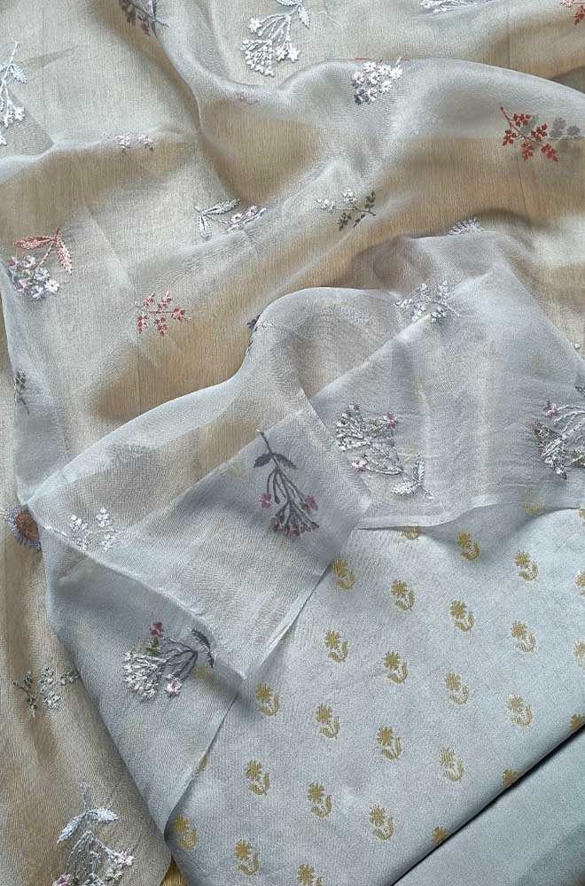 Grey Banarasi Chiniya Silk Three Piece Unstitched Suit Set - Luxurion World