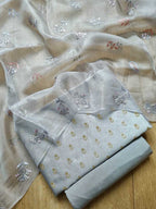 Grey Banarasi Chiniya Silk Three Piece Unstitched Suit Set - Luxurion World