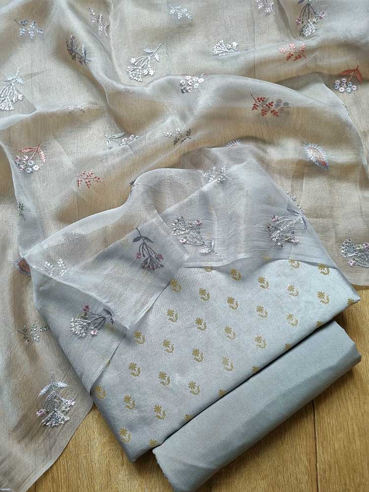 Grey Banarasi Chiniya Silk Three Piece Unstitched Suit Set - Luxurion World
