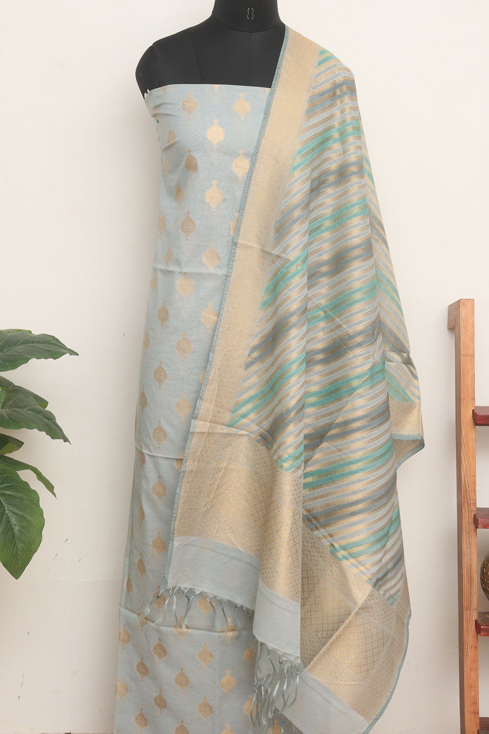Grey Banarasi Cotton Silk Three Piece Unstitched Suit Set - Luxurion World
