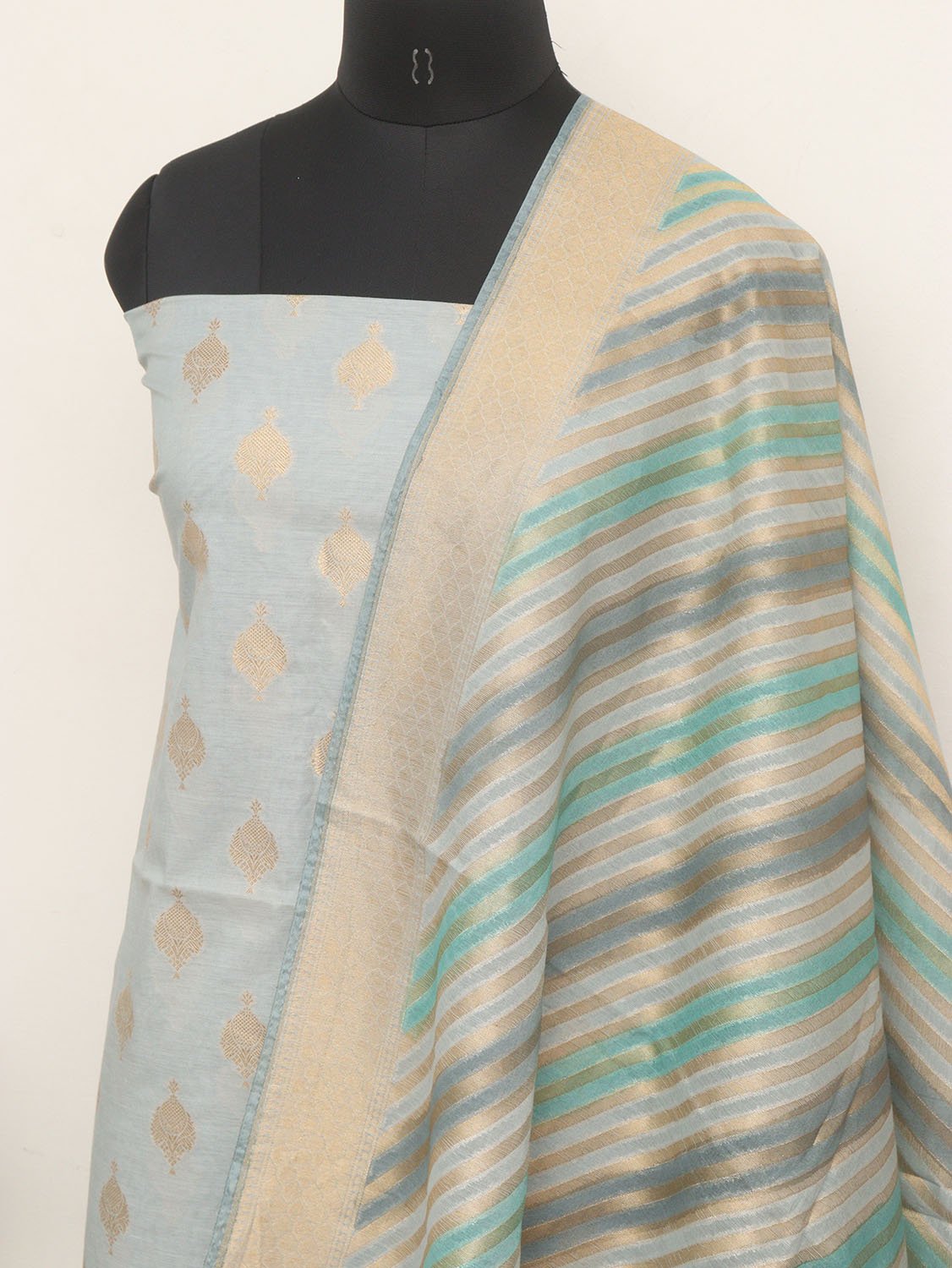 Grey Banarasi Cotton Silk Three Piece Unstitched Suit Set - Luxurion World