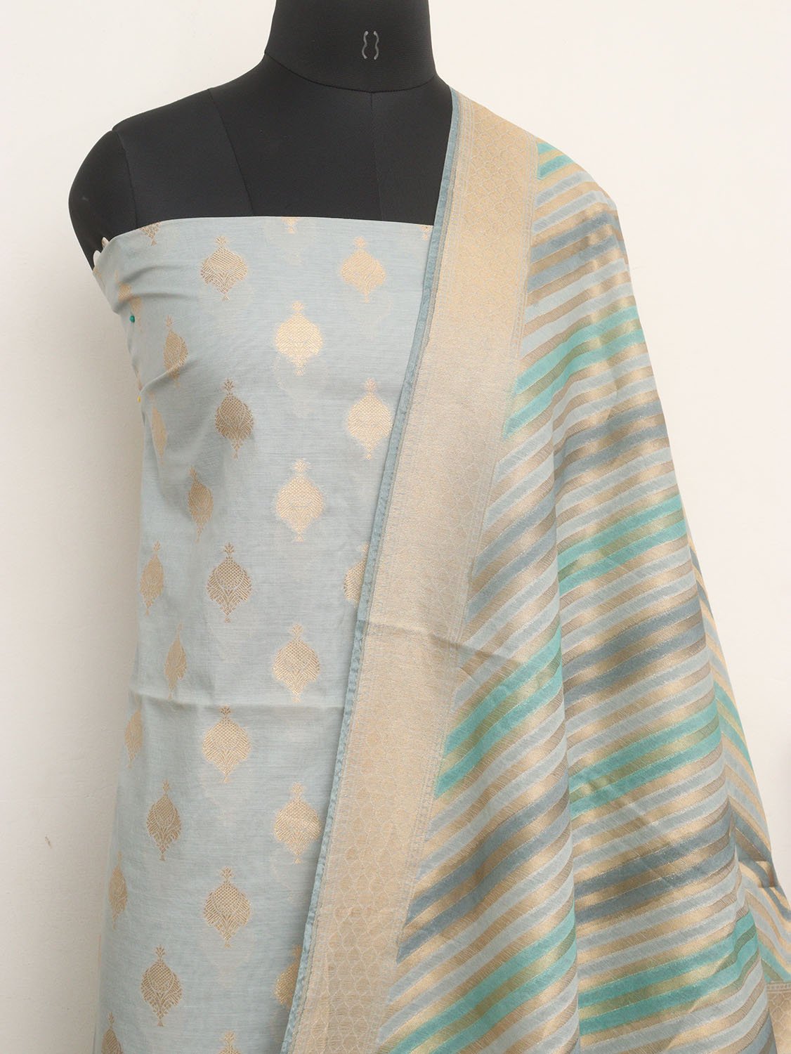 Grey Banarasi Cotton Silk Three Piece Unstitched Suit Set - Luxurion World