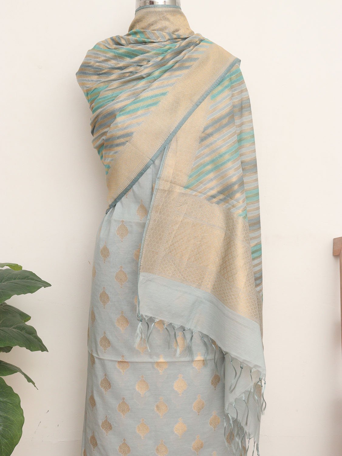 Grey Banarasi Cotton Silk Three Piece Unstitched Suit Set