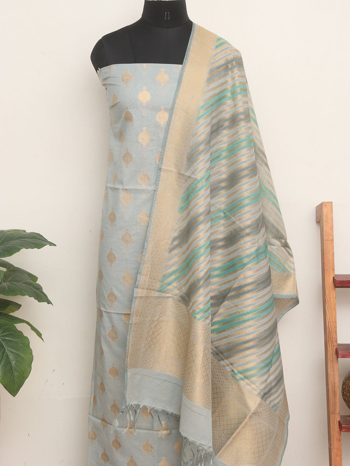 Grey Banarasi Cotton Silk Three Piece Unstitched Suit Set