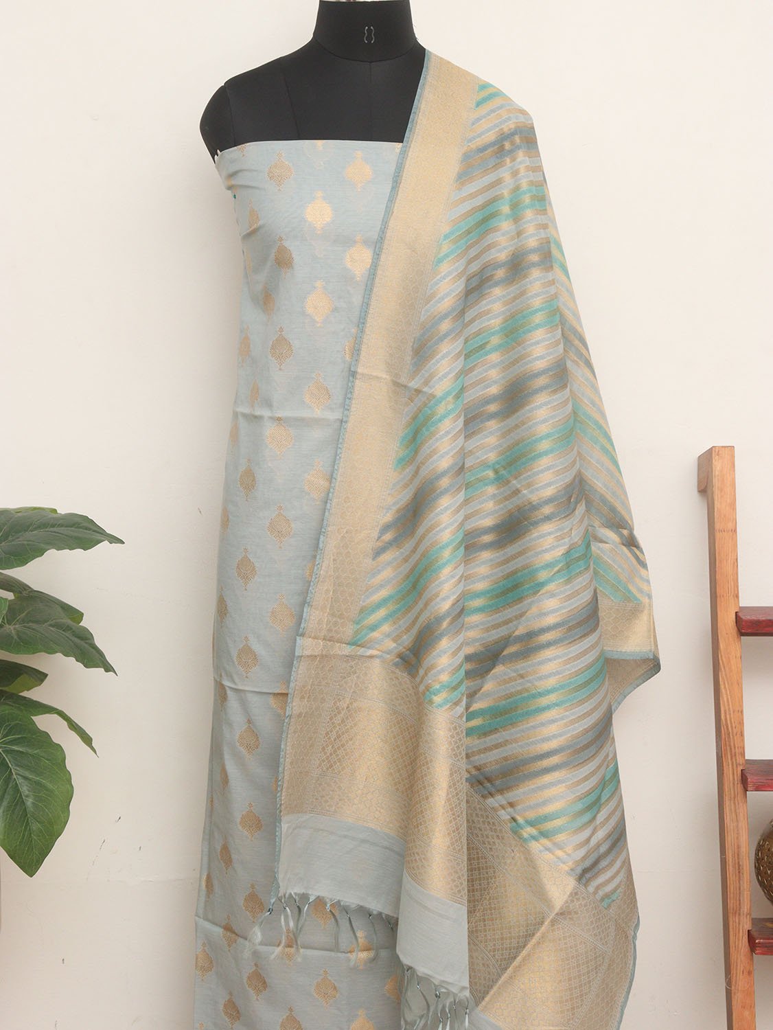 Grey Banarasi Cotton Silk Three Piece Unstitched Suit Set - Luxurion World