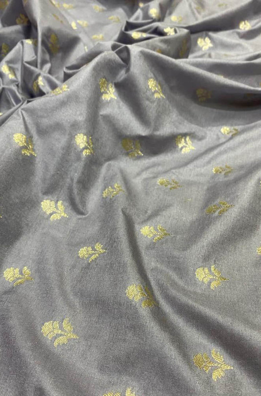 Grey Banarasi Dupion Silk Fabric ( 1 Mtr ) - Luxurion World