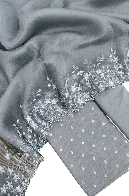 Grey Banarasi Moonga Silk Three Piece Unstitched Suit Set