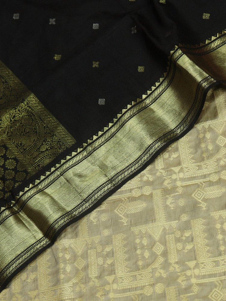 Grey Banarasi Pure Katan Silk Suit With Black Kanjeevaram Pure Silk Dupatta Luxurionworld