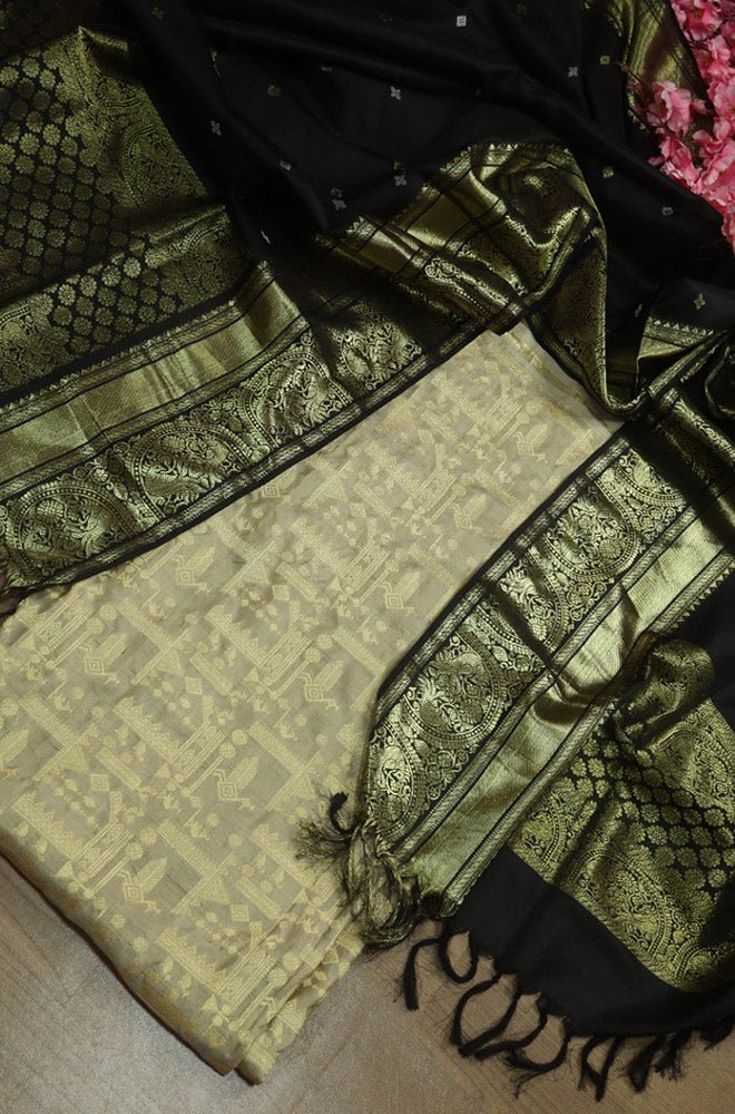Grey Banarasi Pure Katan Silk Suit With Black Kanjeevaram Pure Silk Dupatta - Luxurion World