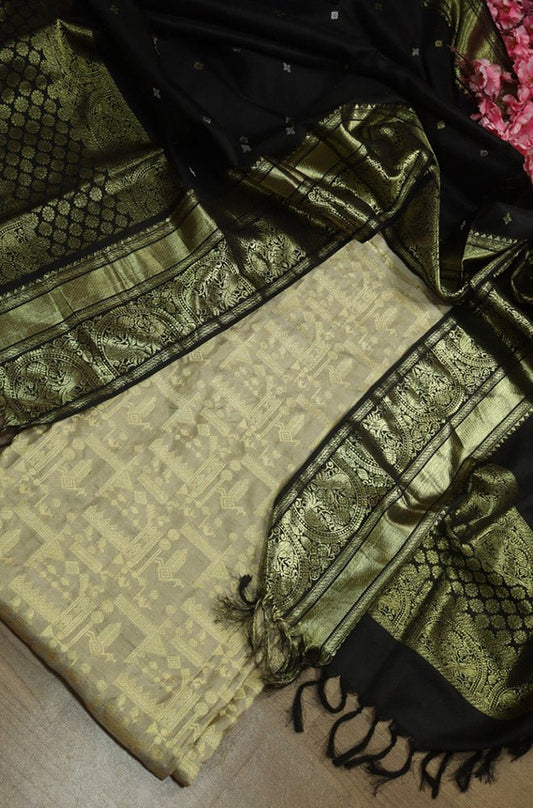 Grey Banarasi Pure Katan Silk Suit With Black Kanjeevaram Pure Silk Dupatta - Luxurion World