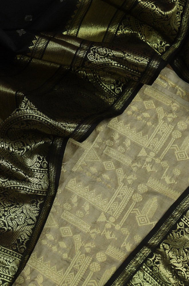 Grey Banarasi Pure Katan Silk Suit With Black Kanjeevaram Pure Silk Dupatta - Luxurion World