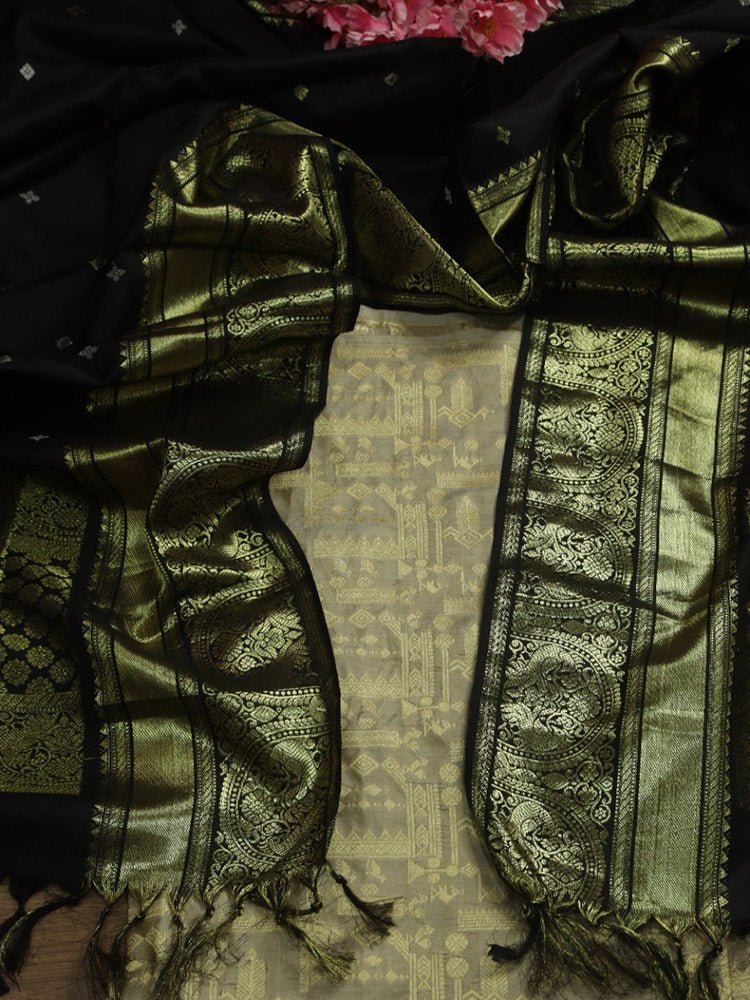 Grey Banarasi Pure Katan Silk Suit With Black Kanjeevaram Pure Silk Dupatta - Luxurion World