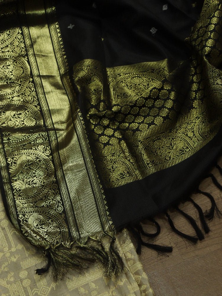 Grey Banarasi Pure Katan Silk Suit With Black Kanjeevaram Pure Silk Dupatta - Luxurion World