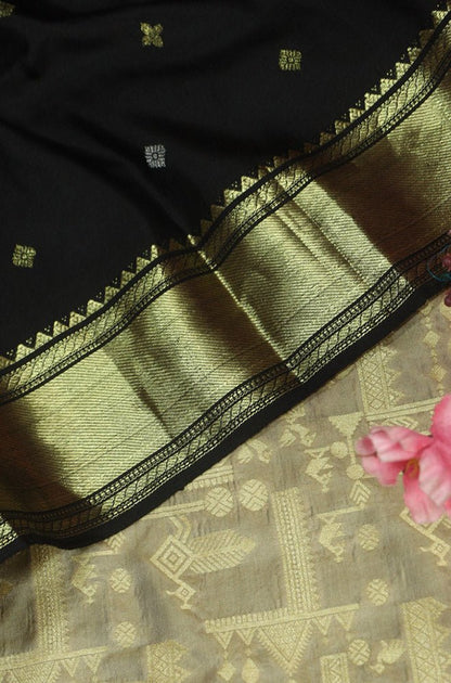 Grey Banarasi Pure Katan Silk Suit With Black Kanjeevaram Pure Silk Dupatta Luxurionworld