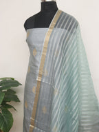 Grey Banarasi Pure Katan Silk Unstitched Suit Set With Organza Stripe Design Dupatta - Luxurion World