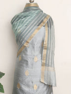 Grey Banarasi Pure Katan Silk Unstitched Suit Set With Organza Stripe Design Dupatta - Luxurion World