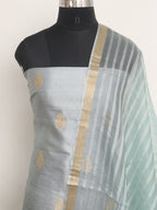 Grey Banarasi Pure Katan Silk Unstitched Suit Set With Organza Stripe Design Dupatta - Luxurion World