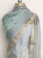 Grey Banarasi Pure Katan Silk Unstitched Suit Set With Organza Stripe Design Dupatta - Luxurion World
