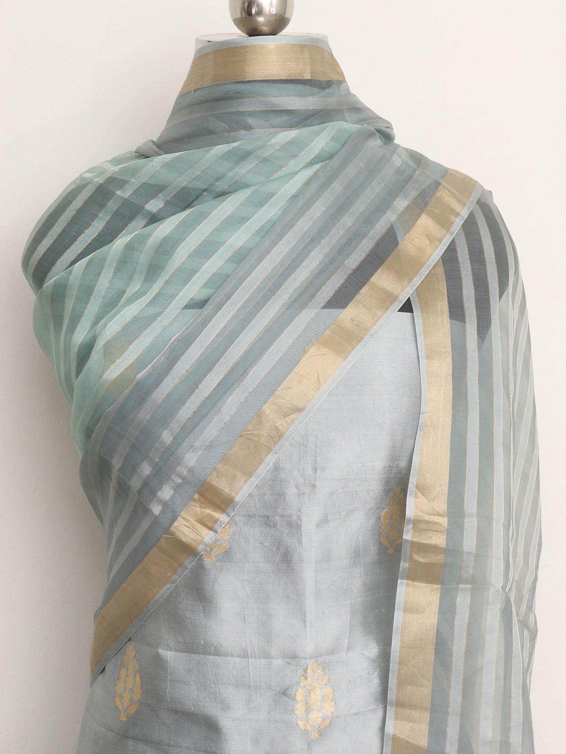 Grey Banarasi Pure Katan Silk Unstitched Suit Set With Organza Stripe Design Dupatta - Luxurion World